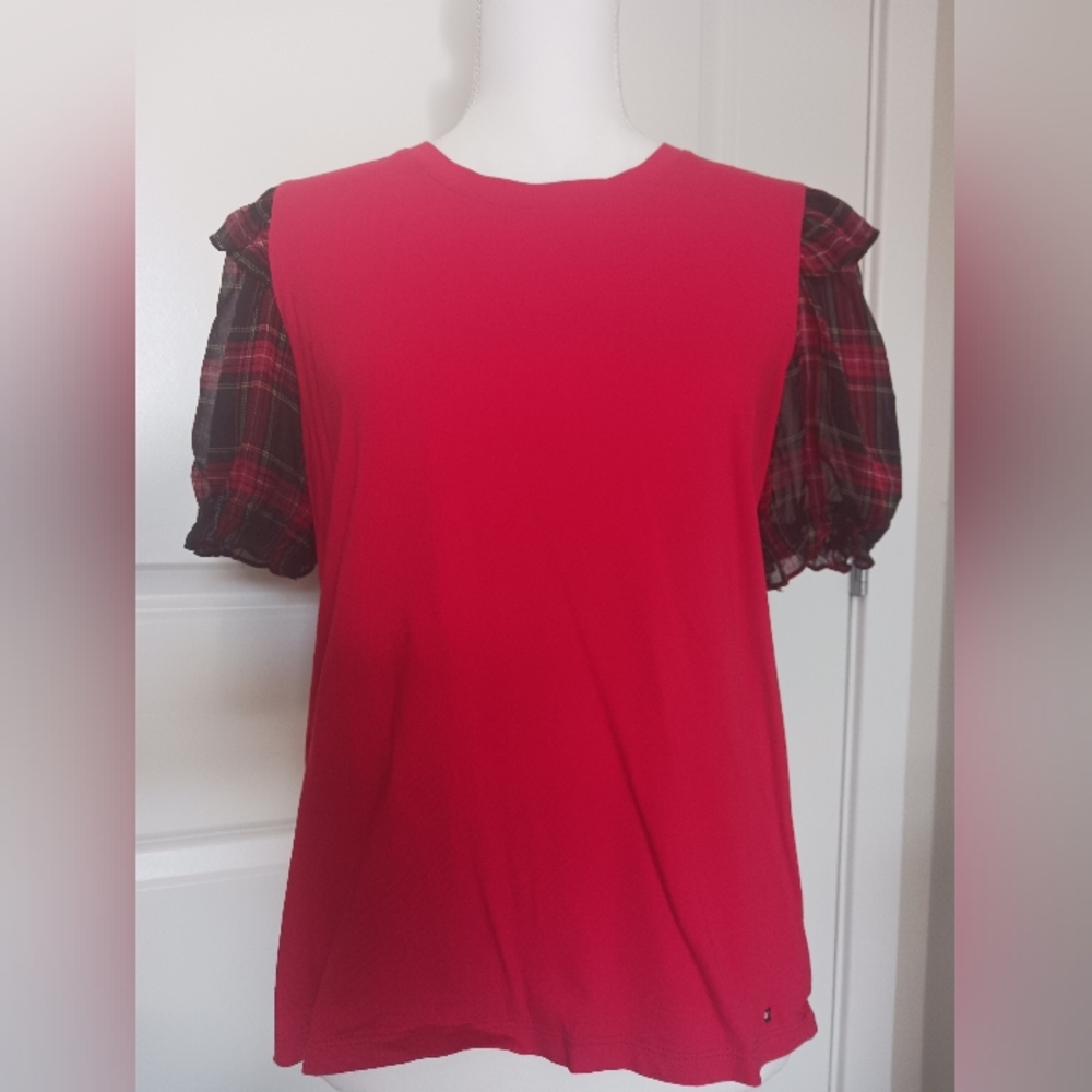 Tommy Hilfiger - Red Plaid Sleeve Women's Top